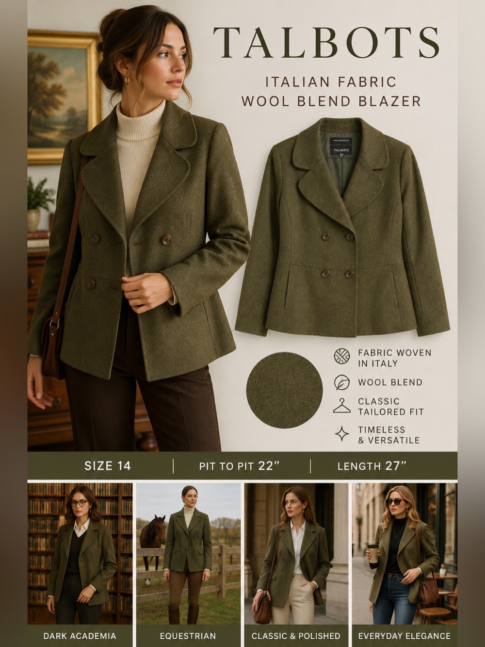 Talbots Italian Fabric Wool Blend Double Breasted Blazer Olive Green Size 14